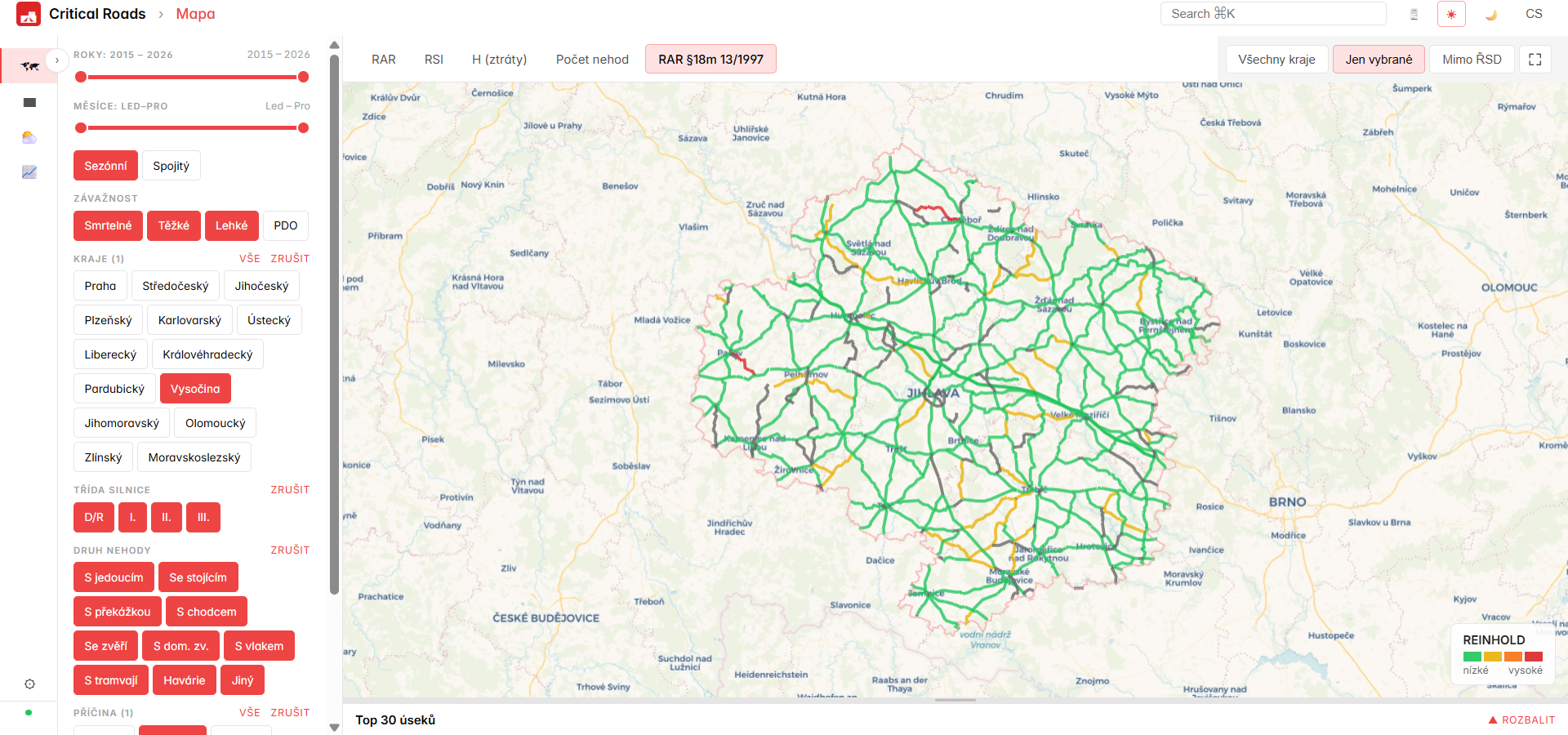 Aplikace s mapou Kraje Vysočina — úseky obarvené podle třídy bezpečnosti dle §18m zákona 13/1997 Sb. (zelená = vysoká bezpečnost, žlutá = střední, červená = nízká)