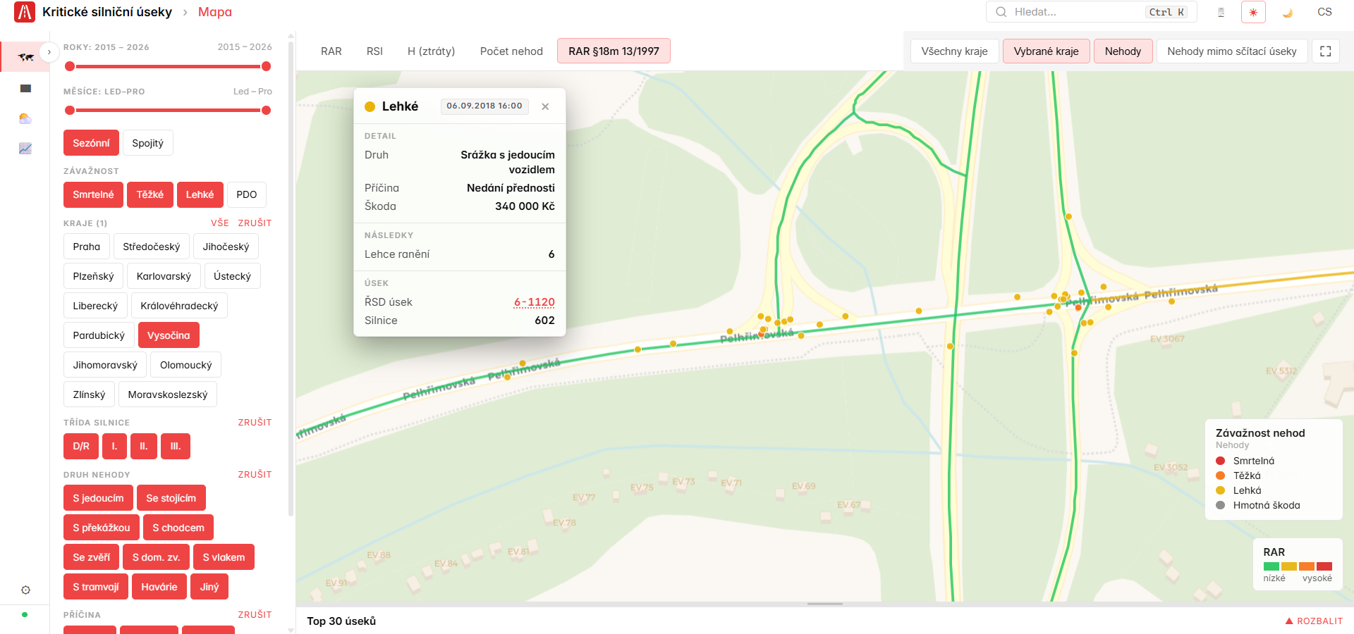 Popup s detailem nehody — datum, druh, příčina, škoda a odkaz na úsek ŘSD