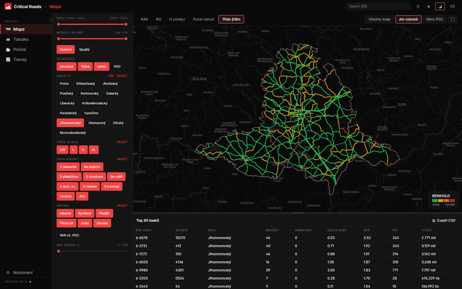 Mapa filtrovaná na jeden kraj s vybraným úsekem