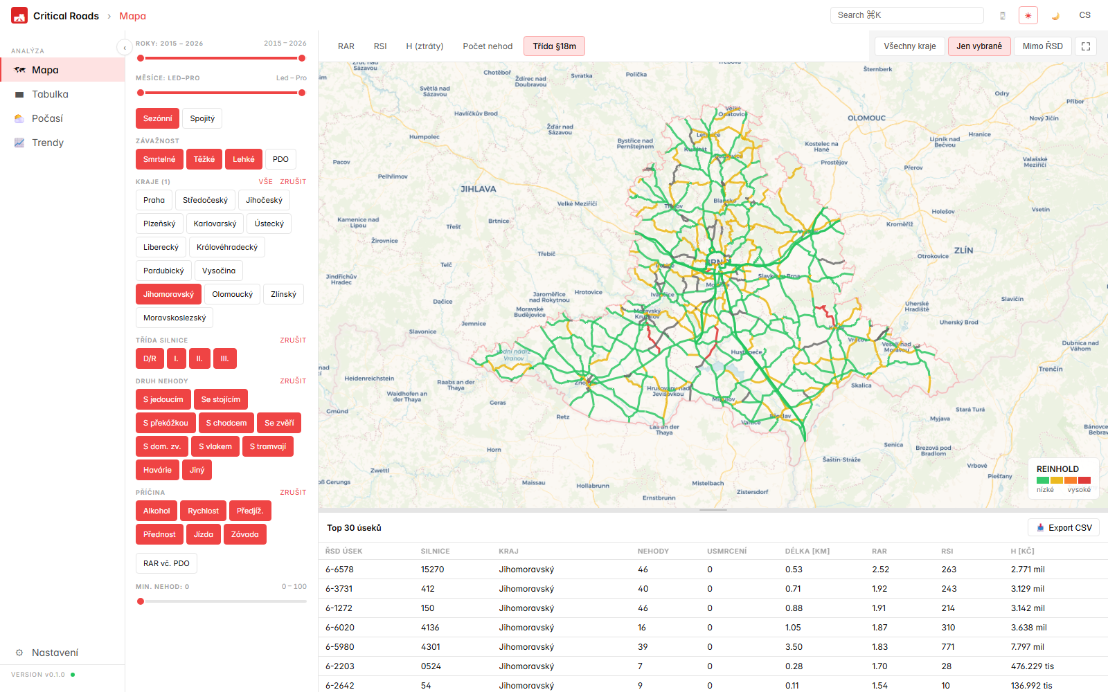 Mapa filtrovaná na jeden kraj s vybraným úsekem