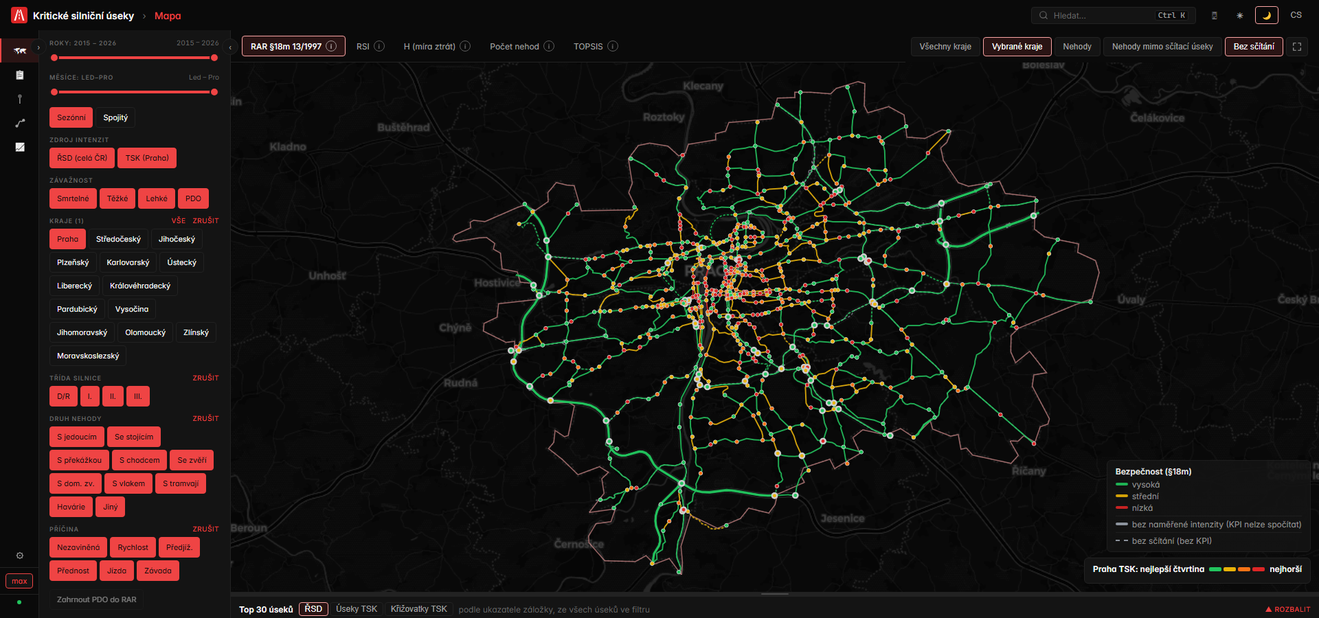 Mapa Prahy s úseky a křižovatkami sítě TSK hl. m. Prahy obarvenými podle ukazatelů nehodovosti