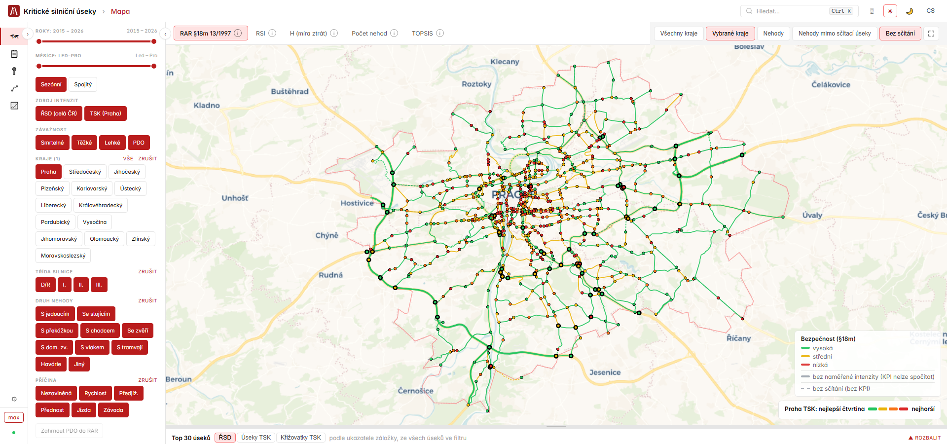Mapa Prahy s úseky a křižovatkami sítě TSK hl. m. Prahy obarvenými podle ukazatelů nehodovosti